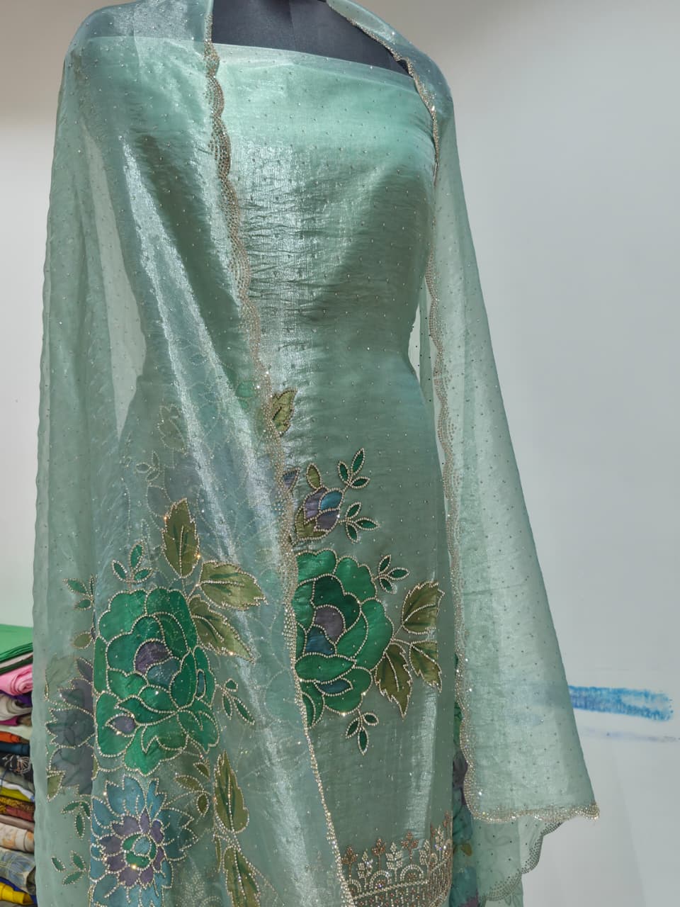 Seafoam Mint Green Glass Silk Suit with Floral Embroidery