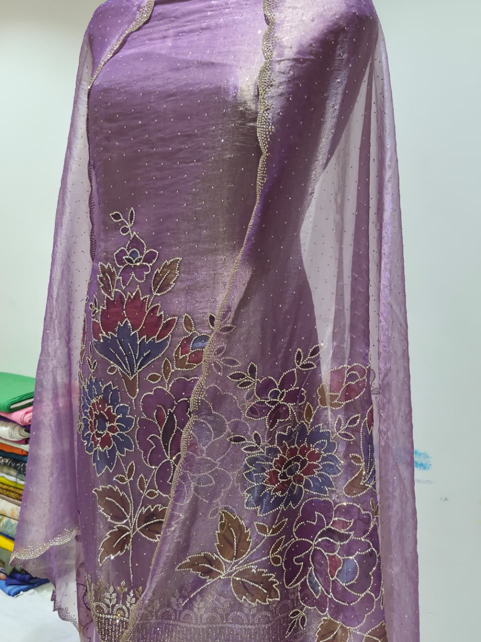 Dusty Lavender Lilac Glass Silk Suit with Floral Embroidery