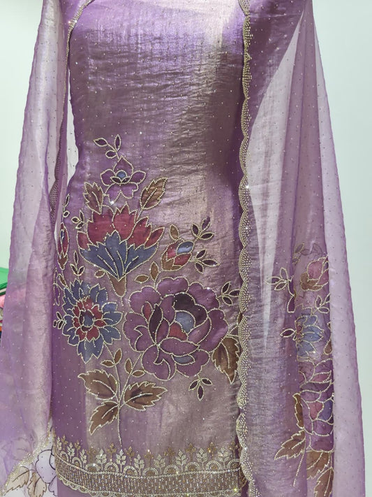 Dusty Lavender Lilac Glass Silk Suit with Floral Embroidery