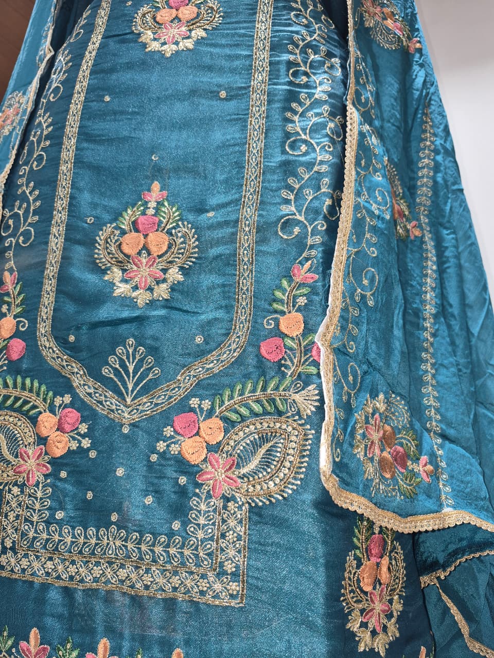 Deep Teal Blue Glass Silk Suit with Floral Embroidery