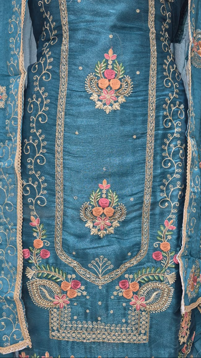 Deep Teal Blue Glass Silk Suit with Floral Embroidery