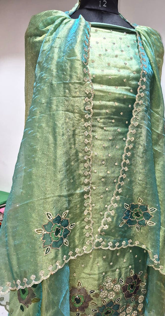 Sage Green Glass Silk Suit with Full Swarovski Floral Work