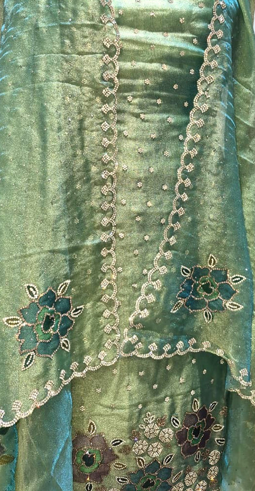 Sage Green Glass Silk Suit with Full Swarovski Floral Work