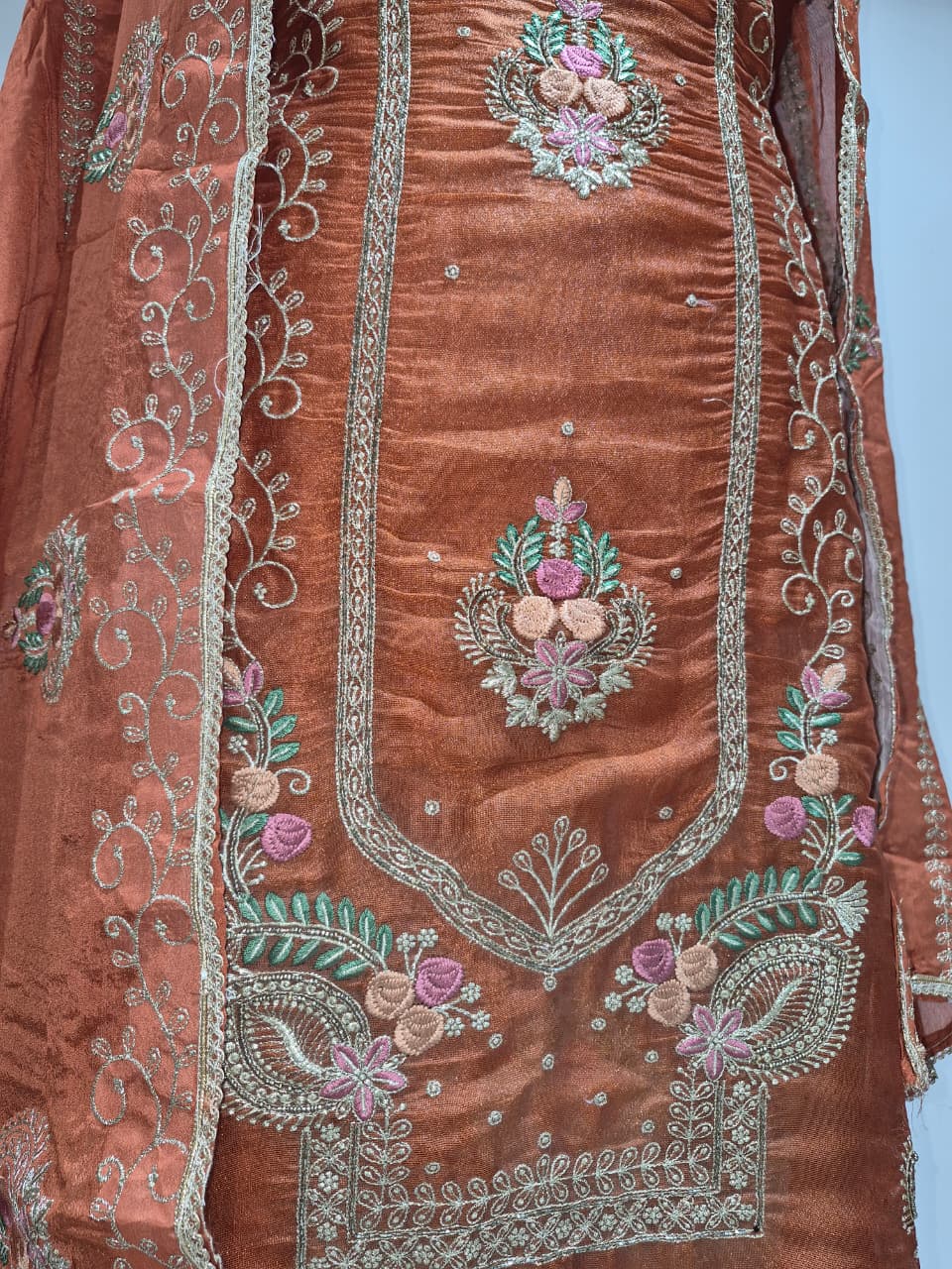 Burnt Rust Copper Glass Silk Suit with Floral Embroidery