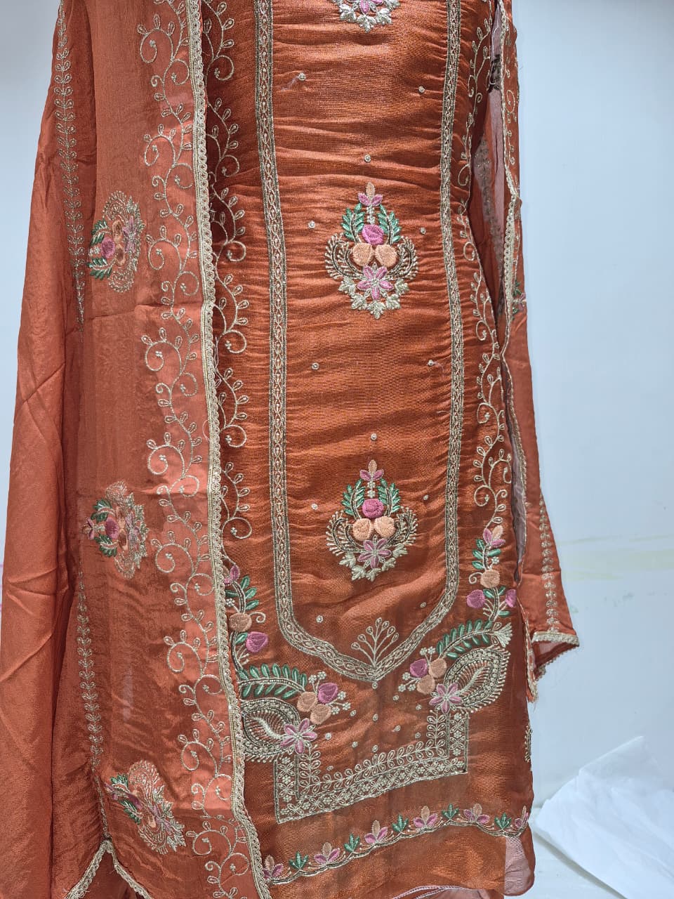 Burnt Rust Copper Glass Silk Suit with Floral Embroidery