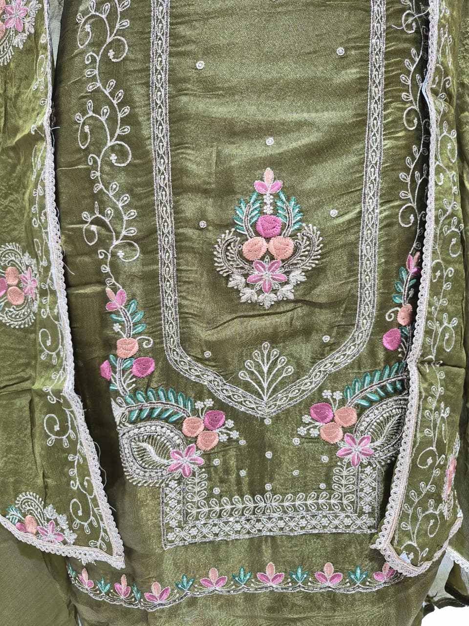 Olive Green Glass Silk Suit with Floral Embroidery