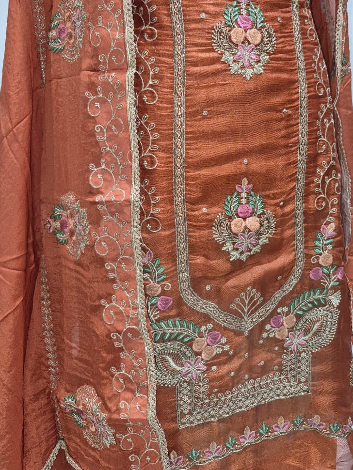 Burnt Rust Copper Glass Silk Suit with Floral Embroidery