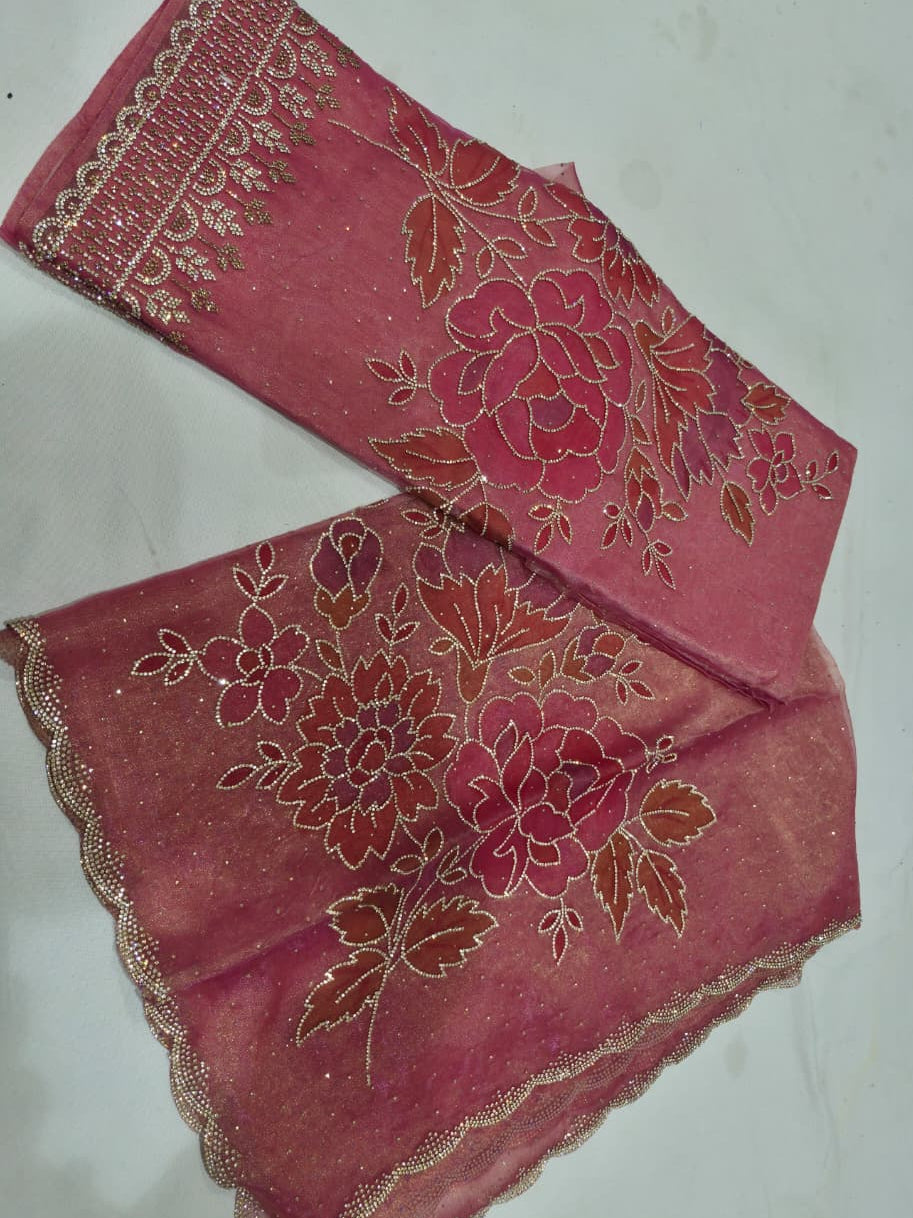 Mauve Pink Glass Silk Suit with Swarovski Work