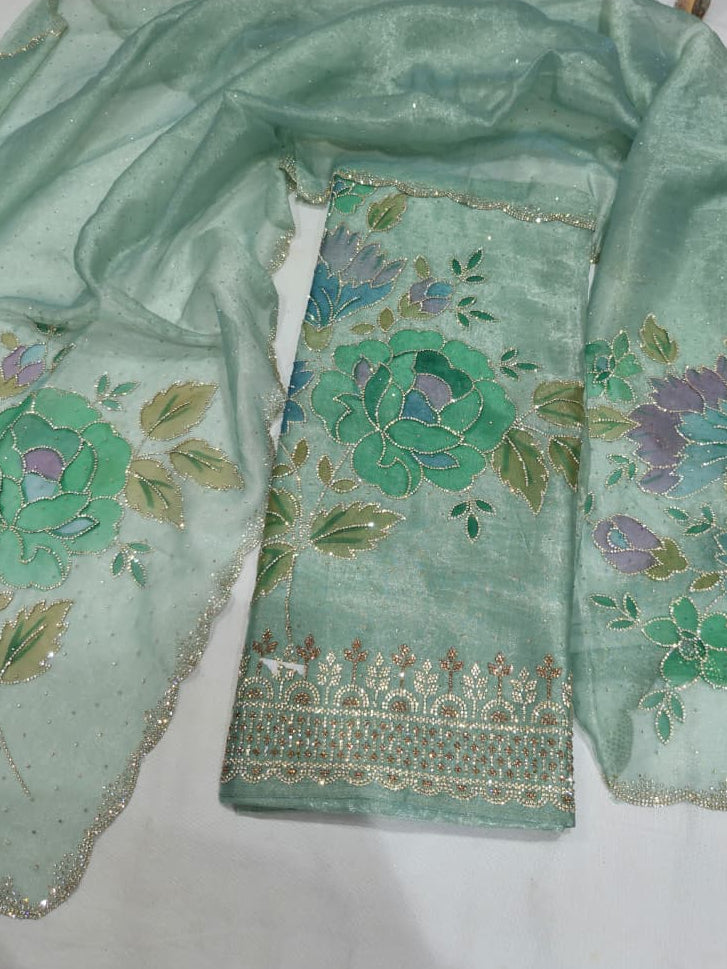 Seafoam Mint Green Glass Silk Suit with Floral Embroidery