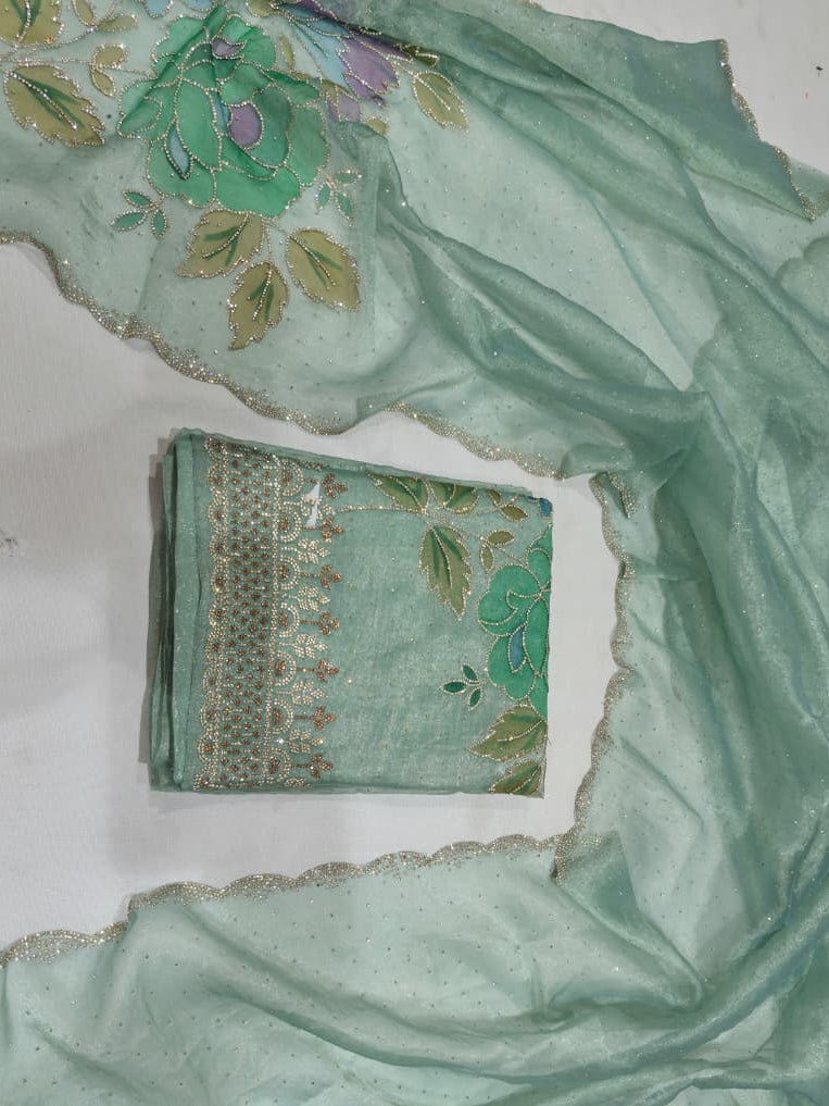 Seafoam Mint Green Glass Silk Suit with Floral Embroidery